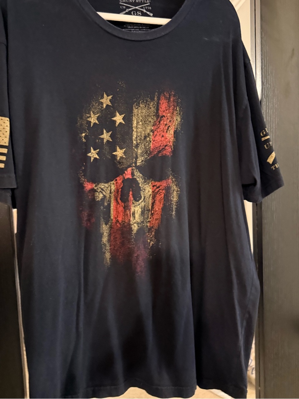 Grunt Style Black Short Sleeve Tee with Distressed Red and Gold Skull Flag